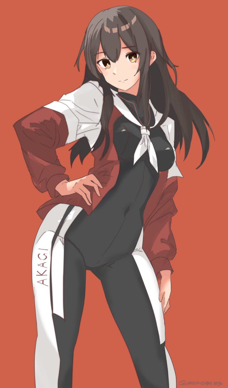 1girl akagi_(kancolle) alternate_costume black_bikesuit black_bodysuit black_hair bodysuit brown_eyes character_name feet_out_of_frame hand_on_own_hip highres jacket kantai_collection miron_(mirona33) multicolored_clothes multicolored_jacket neckerchief open_clothes open_jacket red_background solo two-tone_jacket white_neckerchief