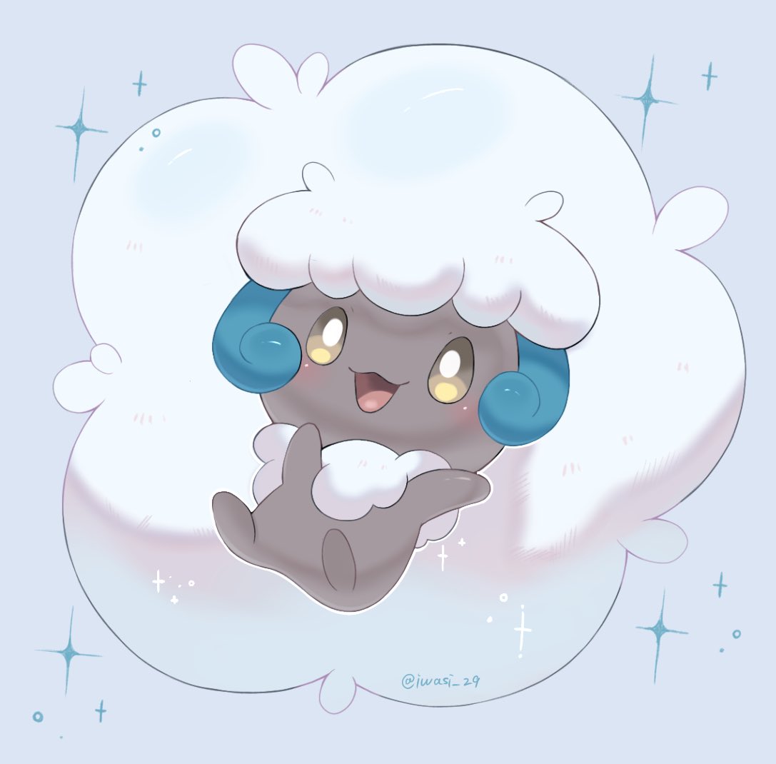 alternate_color artist_name blue_background brown_eyes commentary curled_horns dark_skin horns iwasi_29 no_humans open_mouth pokemon pokemon_(creature) shiny_pokemon smile symbol-only_commentary twitter_username whimsicott white_hair