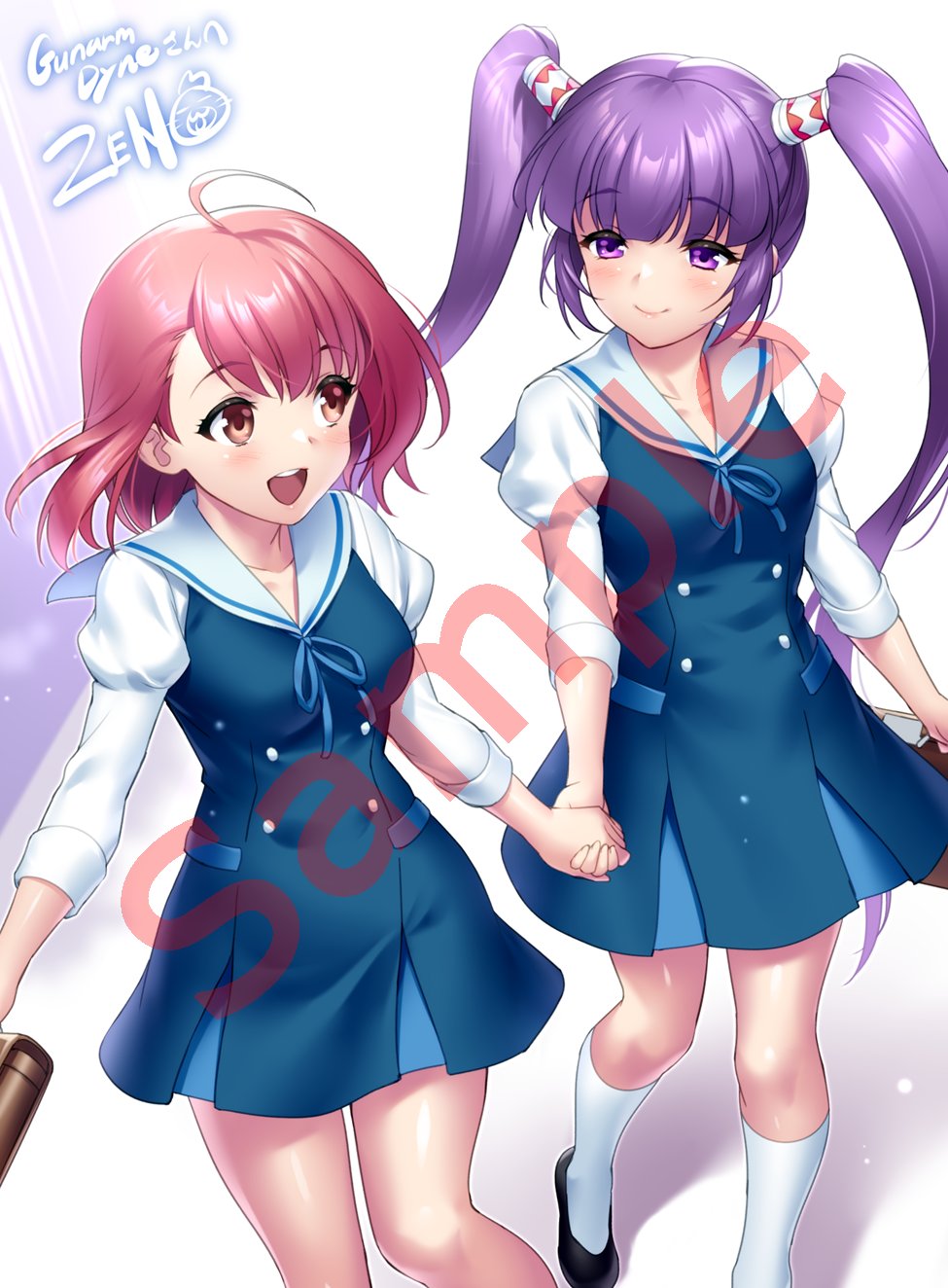 2girls :d ahoge alternate_costume bag blue_dress blue_ribbon blunt_bangs blush brown_eyes closed_mouth commentary commission crossover dress english_commentary eyelashes feet_out_of_frame floating_hair foot_out_of_frame hair_between_eyes highres holding holding_bag holding_hands juliet_sleeves kneehighs long_hair long_sleeves looking_at_another m.o.m.o. medium_hair multiple_girls neck_ribbon pink_hair puffy_sleeves purple_eyes purple_hair ribbon round_teeth sailor_collar sailor_dress sample_watermark second-party_source shirt short_dress signature skeb_commission sleeveless sleeveless_dress smile socks sophie_(tales) tales_of_(series) tales_of_graces teeth twintails upper_teeth_only very_long_hair watermark white_sailor_collar white_shirt white_socks xenosaga zen_(kamuro)