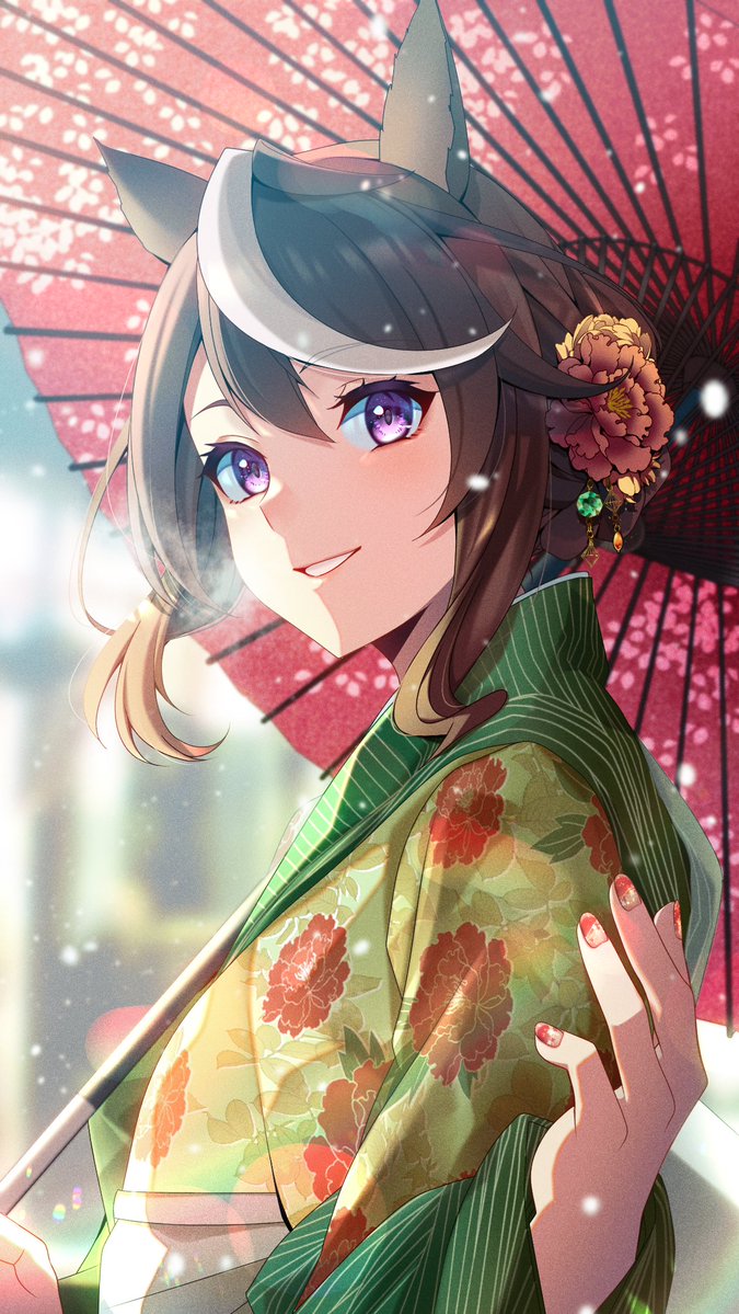 1girl alternate_costume alternate_hairstyle animal_ears aoi_(07aoi15) blurry blurry_background breath brown_hair floral_print flower green_kimono hair_bun hair_flower hair_ornament hand_up holding holding_umbrella horse_ears japanese_clothes kimono long_sleeves looking_at_another looking_at_viewer multicolored_hair obi oil-paper_umbrella open_mouth purple_eyes red_nails sash short_hair smile snow solo streaked_hair symboli_rudolf_(umamusume) umamusume umbrella upper_body yukata