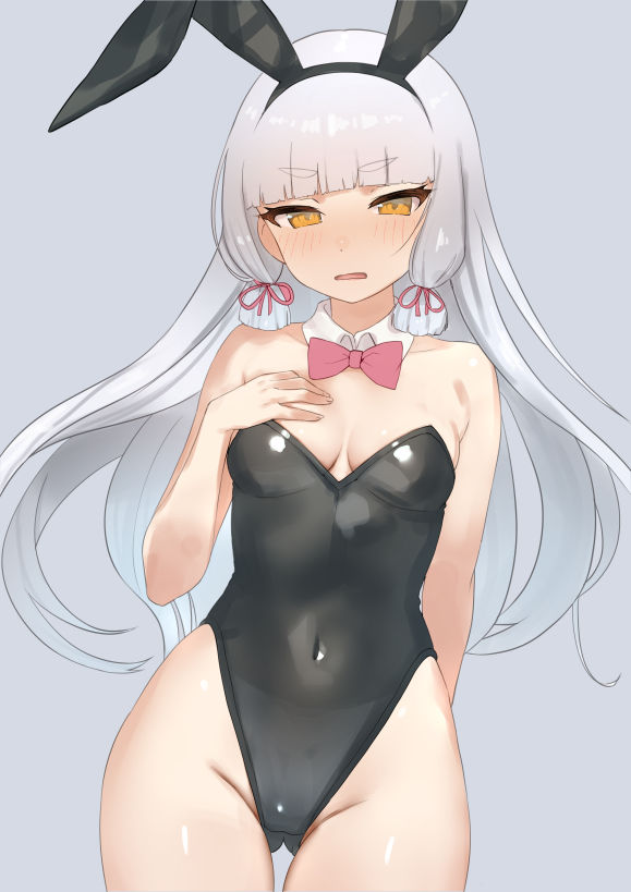 1girl alternate_costume animal_ears black_leotard blunt_bangs blush bow bowtie breasts detached_collar fake_animal_ears grey_background grey_hair hair_ribbon hand_on_own_chest kantai_collection leotard long_hair looking_at_viewer medium_breasts murakumo_(kancolle) orange_eyes pink_bow pink_bowtie pink_ribbon playboy_bunny rabbit_ears ribbon sakieko simple_background solo strapless strapless_leotard tress_ribbon