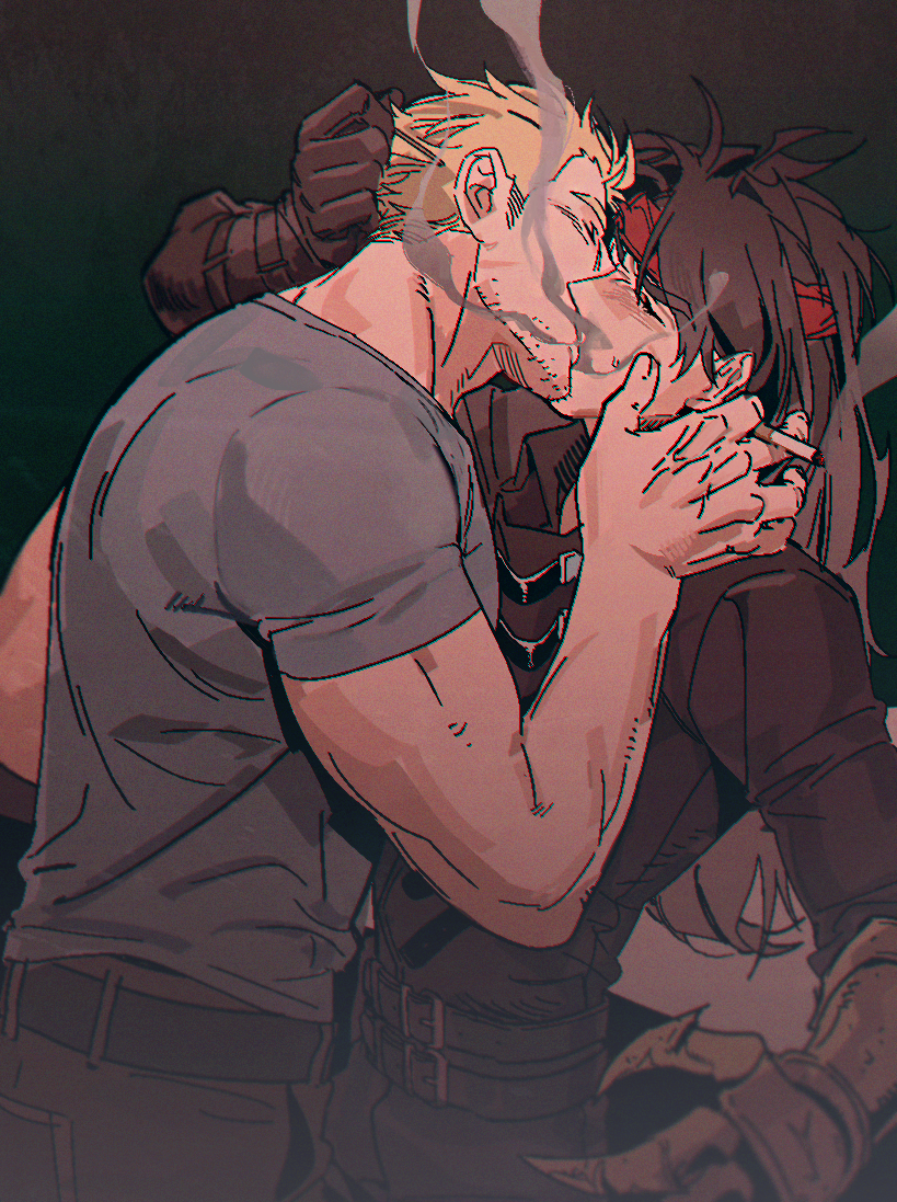 2boys bara blue_shirt cid_highwind cigarette couple facial_hair feet_out_of_frame final_fantasy final_fantasy_vii french_kiss from_side grabbing_another's_hair headband kiss leaning_on_person long_hair male_focus mature_male multiple_boys muscular muscular_male peonrin shirt short_hair shotgunning sideburns smoke stubble thick_eyebrows vincent_valentine yaoi