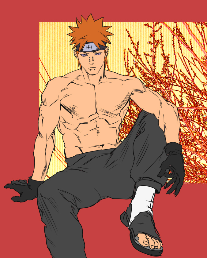 1boy black_gloves black_pants forehead_protector gloves koogi korean_commentary looking_at_viewer male_focus naruto_(series) naruto_shippuuden orange_hair pain_(naruto) pants rinnegan sandals short_hair sitting solo spiked_hair topless_male