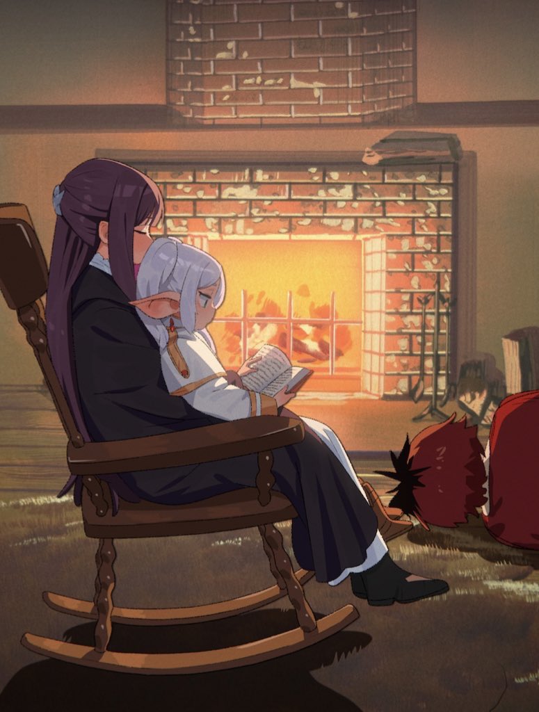 1boy 2girls black_coat black_hair black_robe blunt_bangs book capelet chair coat collar commentary_request elf fern_(sousou_no_frieren) fire fireplace fireplace_tool_stand firewood frieren frilled_collar frills green_eyes holding holding_book long_hair multicolored_hair multiple_girls on_floor pointy_ears purple_hair reading red_hair robe rocking_chair ryusei_hashida sitting sitting_on_lap sitting_on_person sousou_no_frieren stark_(sousou_no_frieren) straight_hair twintails two-tone_hair white_capelet white_hair