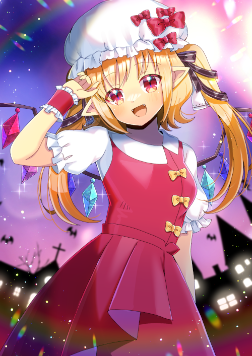 1girl :d arm_up blonde_hair blurry blurry_background blush bow collared_shirt commentary_request commission crystal depth_of_field fangs flandre_scarlet hat hat_bow head_tilt kou_hiyoyo long_hair looking_at_viewer mob_cap pleated_skirt pointy_ears puffy_short_sleeves puffy_sleeves red_bow red_eyes red_skirt red_vest shirt short_sleeves skeb_commission skirt smile solo touhou two_side_up very_long_hair vest white_headwear white_shirt wings wrist_cuffs yellow_bow