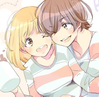 2girls asagao_to_kase-san blonde_hair brown_hair collarbone couple cup drink eye_contact happy kase_tomoka looking_at_another lowres medium_hair mug multiple_girls neck official_art short_hair smile takashima_hiromi yamada_yui yuri