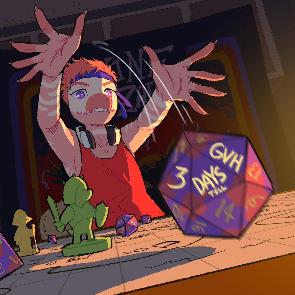 accessory anthro clothed clothing dice digital_media_(artwork) dinosaur dromaeosaurid electronics ellen_alsop english_text figurine goodbye_volcano_high hair headband headphones headphones_around_neck male pink_body pink_hair purple_eyes red_clothing red_shirt red_tank_top red_topwear reed_(gvh) reptile scalie shirt smile solo tabletop_game tank_top text theropod topwear velociraptor