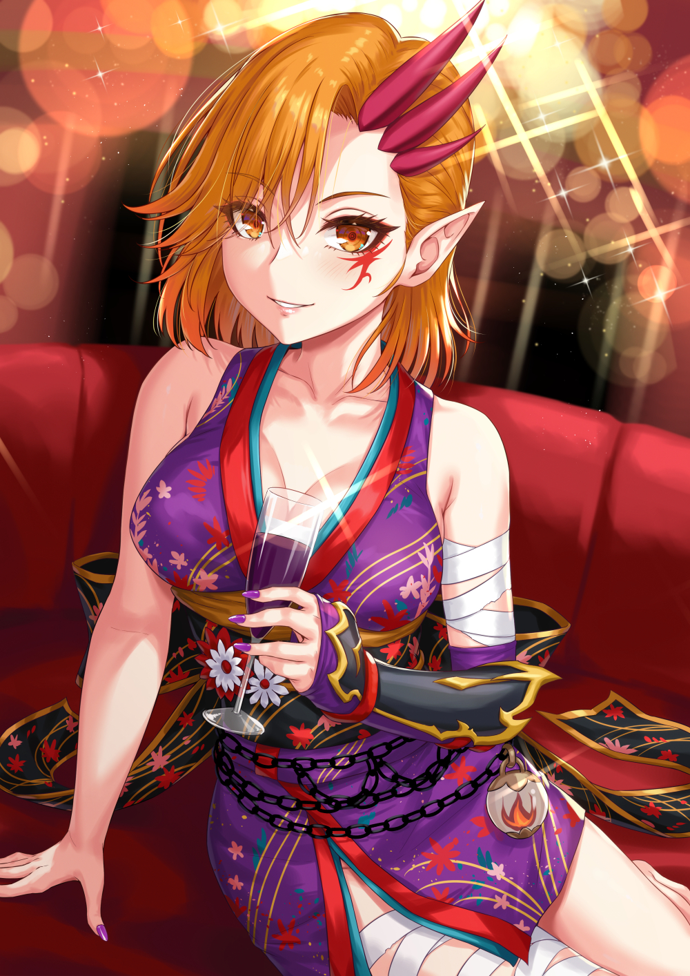 1girl bare_shoulders blush breasts cleavage collarbone commentary_request couch cup highres holding holding_cup horns indie_virtual_youtuber japanese_clothes kimono large_breasts looking_at_viewer medium_hair nail_polish oni orange_eyes orange_hair parted_lips pointy_ears purple_nails sakiyamama sitting smile virtual_youtuber
