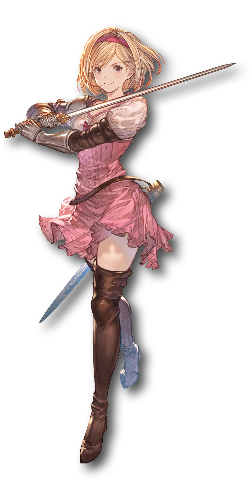 1girl blonde_hair boots breasts brown_eyes closed_mouth djeeta_(granblue_fantasy) dress fighter_(granblue_fantasy) frills full_body gauntlets granblue_fantasy granblue_fantasy_versus hair_ornament hairband highres holding holding_sword holding_weapon lips looking_at_viewer minaba_hideo official_art pink_dress puffy_sleeves sheath short_dress short_hair small_breasts smile solo sword thigh_boots transparent_background weapon zettai_ryouiki