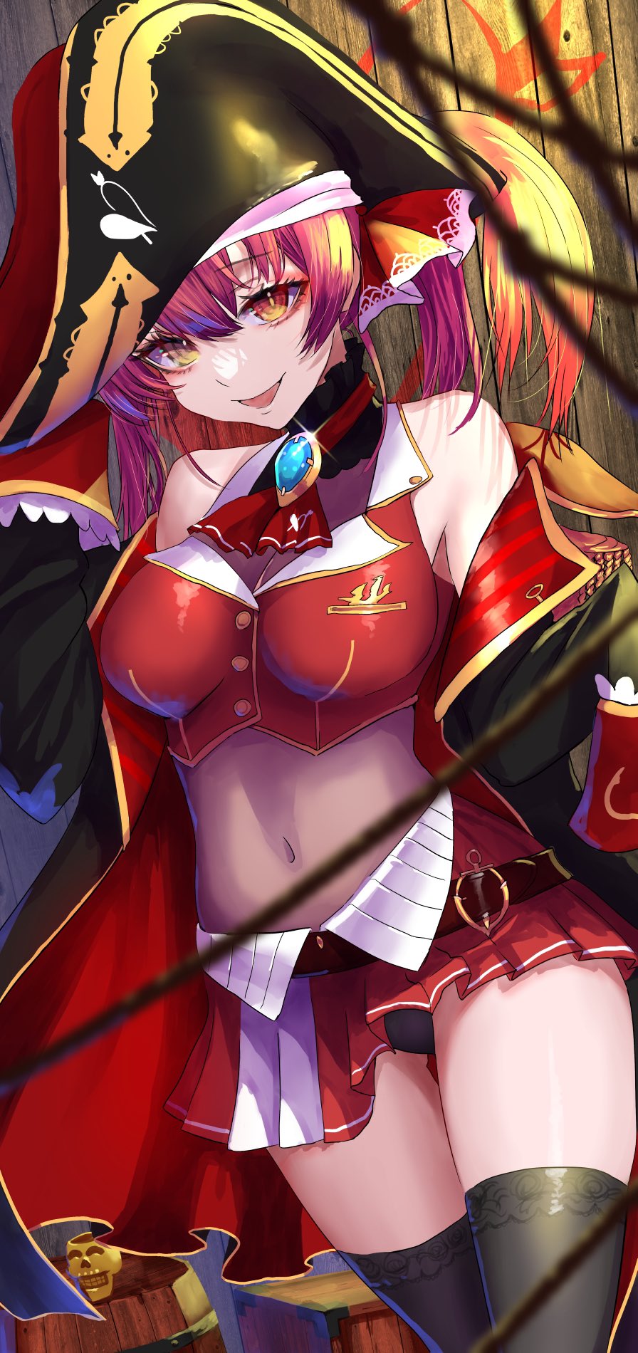 1girl arrow_through_heart ascot ass_visible_through_thighs bare_shoulders bicorne black_choker black_coat black_headwear black_thighhighs blurry blurry_foreground breasts brooch choker coat cowboy_shot eyelashes frilled_choker frills gold_trim hair_ribbon hands_up hat heterochromia highres hololive houshou_marine houshou_marine_(1st_costume) jewelry large_breasts leotard leotard_under_clothes looking_at_viewer miniskirt open_mouth pleated_skirt red_ascot red_eyes red_hair red_ribbon red_skirt ribbon skirt sleeveless sleeveless_jacket sleeves_past_fingers sleeves_past_wrists solo thighhighs thighs twintails virtual_youtuber yellow_eyes yusuke_(shiota)