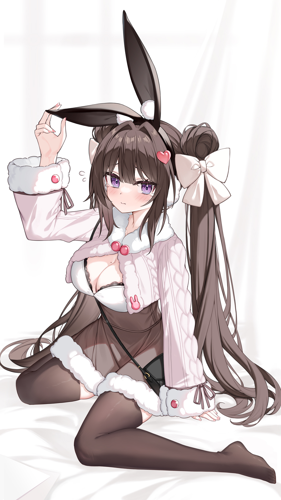 1girl animal_ear_fluff animal_ears arm_up bangs black_hairband blush bow breasts brown_hair brown_skirt brown_thighhighs cleavage closed_mouth cropped_jacket double_bun flying_sweatdrops fur-trimmed_jacket fur-trimmed_skirt fur-trimmed_sleeves fur_trim hair_bow hair_bun hair_intakes hair_ornament hairband hand_on_ear heart heart_hair_ornament high-waist_skirt highres jacket long_hair long_sleeves medium_breasts original purple_eyes rabbit_ears sitting skirt sleeves_past_wrists solo tears thighhighs twintails very_long_hair wariza white_bow white_jacket yuxian_youka