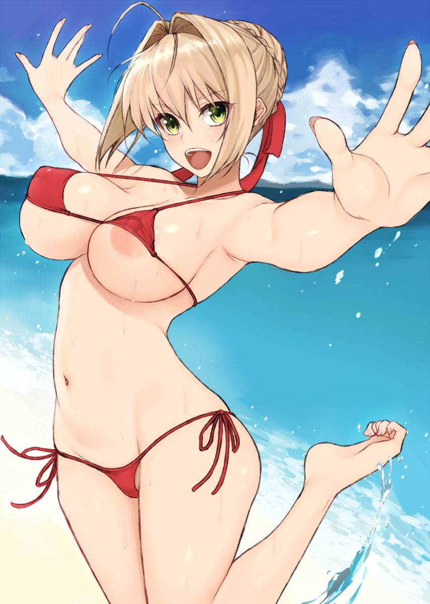 1girl ahoge areola_slip bare_shoulders beach bikini blonde_hair blue_sky blush braid breasts cleavage cocq_taichou collarbone covered_nipples fate/extra fate_(series) french_braid green_eyes hair_bun hair_intakes hair_ribbon highres large_breasts long_hair looking_at_viewer navel nero_claudius_(fate) nero_claudius_(fate/extra) ocean open_mouth red_bikini red_ribbon ribbon shore sky smile solo swimsuit thighs