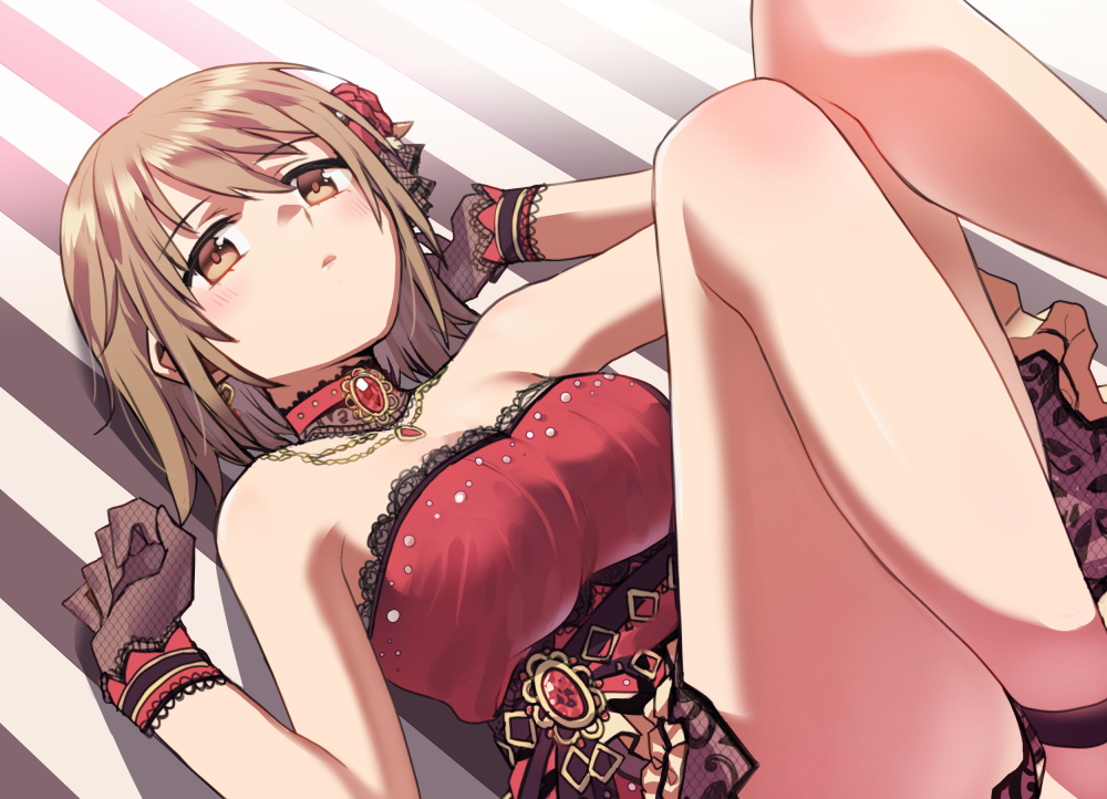1girl bare_shoulders blush breasts brown_eyes brown_hair choker cleavage clenched_hand dress fishnet_gloves fishnets flower from_above gloves hair_flower hair_ornament hands_up idolmaster idolmaster_cinderella_girls idolmaster_cinderella_girls_starlight_stage jewelry knees_up lace-trimmed_choker lace-trimmed_dress lace_trim large_breasts looking_at_viewer lying mimura_kanako necklace on_back parted_lips plump red_brooch red_choker red_dress red_flower red_rose rose short_hair simple_background smile solo strapless strapless_dress striped_background wm_(chawoo1357)