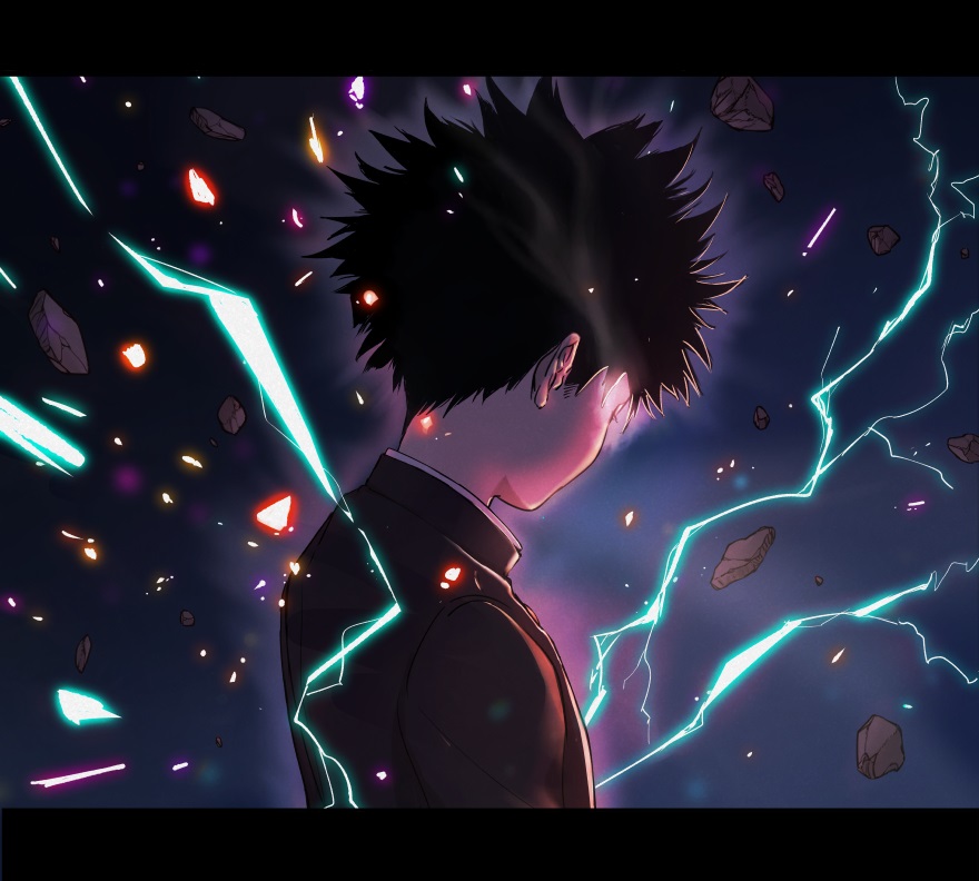 1boy aura black_hair blue_background commentary debris from_behind from_side gakuran glowing kageyama_shigeo letterboxed light_trail lightning male_focus mob_psycho_100 omatsuri130 psychic school_uniform shards short_hair smoke solo spiked_hair symbol-only_commentary upper_body
