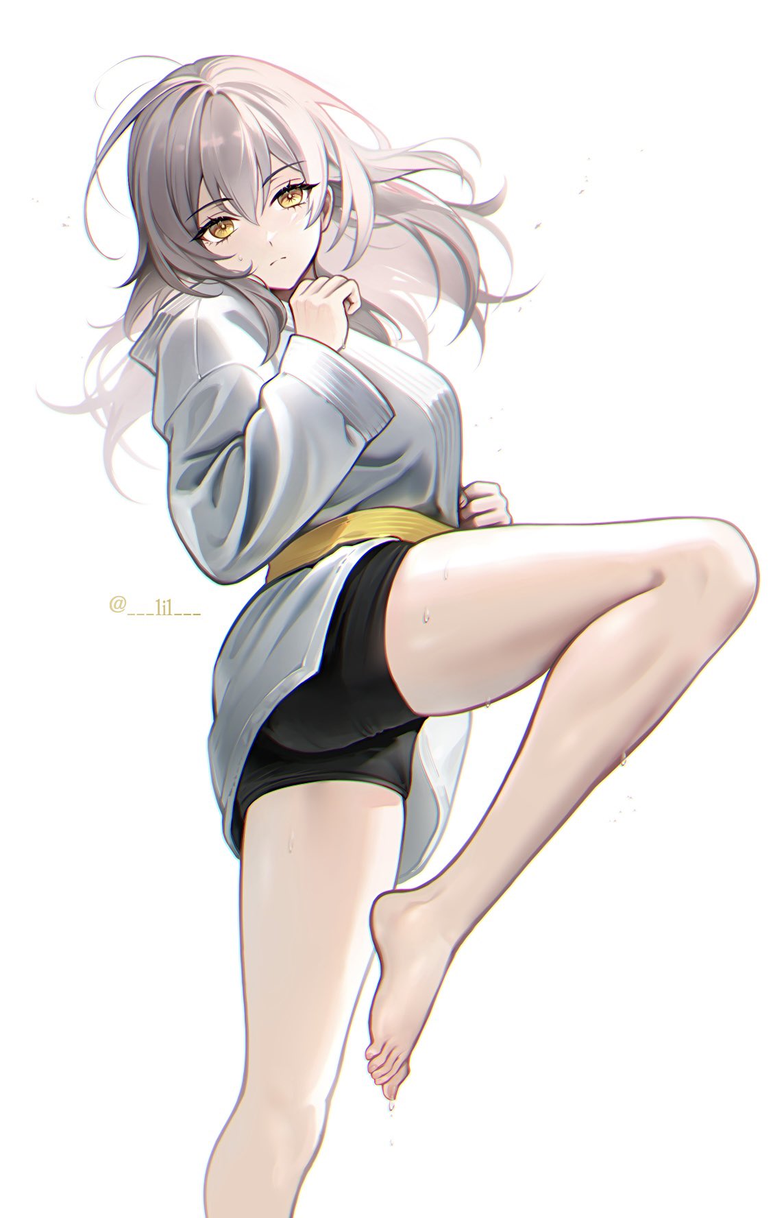 1girl 1i1 alternate_costume artist_name bare_legs barefoot belt bike_shorts black_shorts clenched_hands closed_mouth commentary grey_background grey_hair grey_shirt highres honkai:_star_rail honkai_(series) karate knee_up leg_up long_hair long_sleeves martial_arts martial_arts_belt serious shirt shorts solo stelle_(honkai:_star_rail) sweat symbol-only_commentary thighs toes trailblazer_(honkai:_star_rail) twitter_username white_shirt yellow_belt yellow_eyes