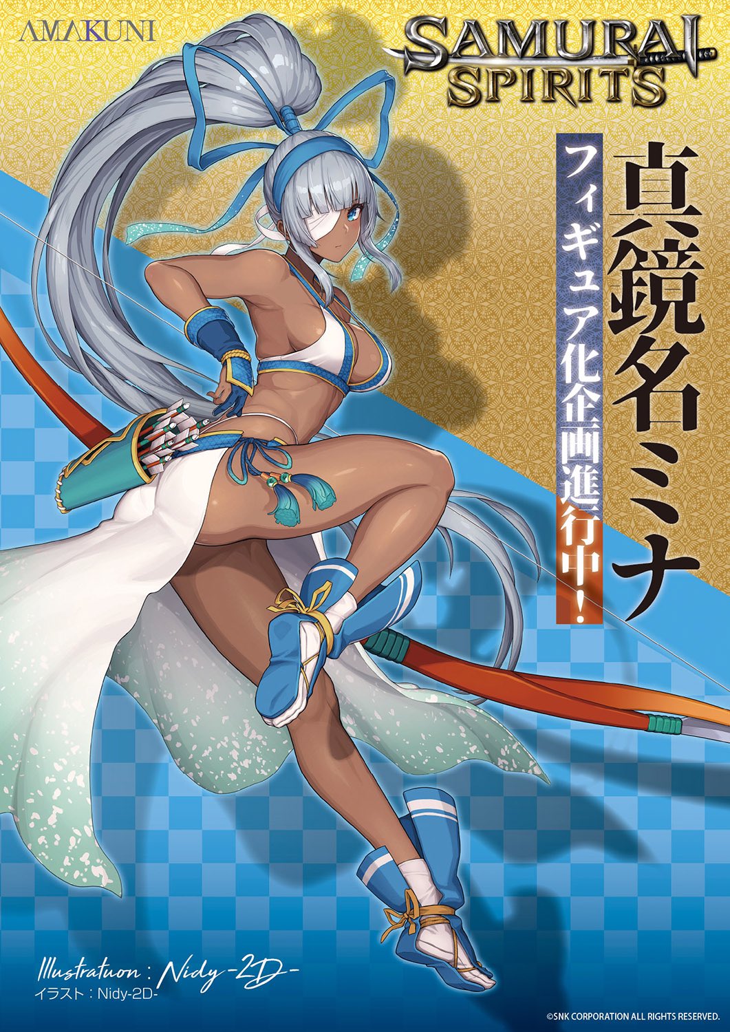 1girl arrow_(projectile) artist_name bandage_over_one_eye bandages bare_shoulders blue_eyes bow bow_(weapon) bowtie breasts cleavage closed_mouth commentary_request company_name copyright_name dark-skinned_female dark_skin full_body gloves green_hair high_ponytail highres holding holding_bow_(weapon) holding_weapon japanese_clothes leg_up logo long_hair looking_at_viewer majikina_mina medium_breasts nidy official_art partially_fingerless_gloves ponytail quiver samurai_spirits sandals shadow shiny_skin side-tie_skirt signature sleeveless socks thighs very_long_hair weapon yugake