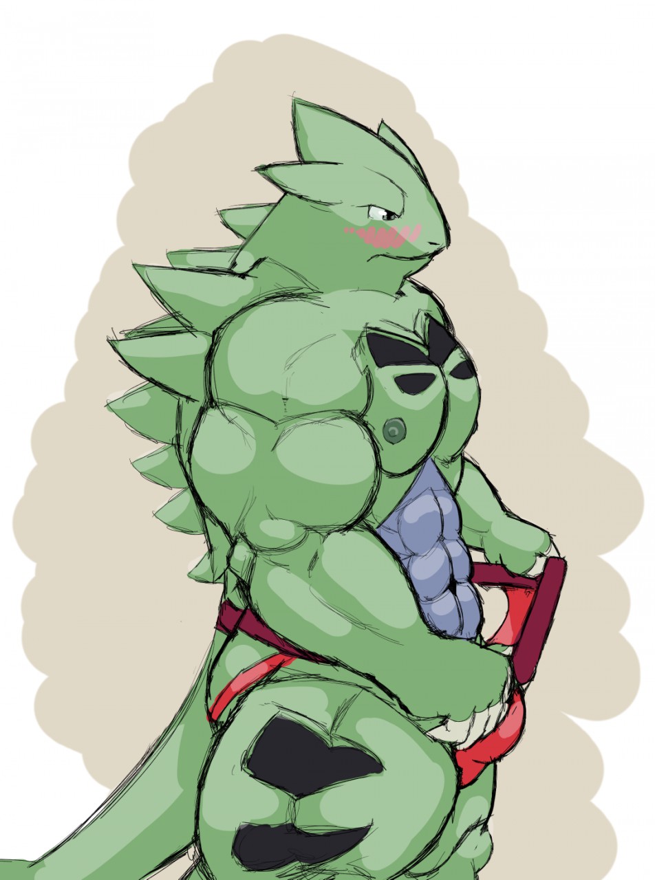2016 abs anthro anthrofied biceps biped blush clothed clothing clothing_pull digital_media_(artwork) generation_2_pokemon hi_res jockstrap looking_away male muscular muscular_anthro muscular_male nintendo nipples pecs pokemon pokemon_(species) pokemorph red_clothing red_jockstrap red_underwear simple_background solo standing tail tyranitar underwear underwear_only underwear_pull viridianvariant white_background