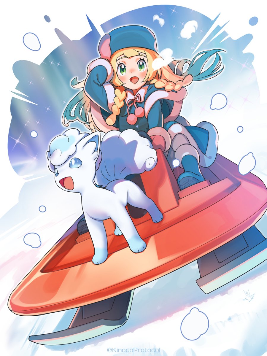 1girl :d alolan_vulpix blonde_hair blush boots braid capelet coat commentary_request day eyelashes floating_hair fur-trimmed_capelet fur_trim green_eyes happy hat highres kinocopro lillie_(pokemon) long_hair mittens open_mouth outdoors pantyhose pink_mittens pokemon pokemon_(anime) pokemon_(creature) pokemon_sm_(anime) sitting sledding smile snow twin_braids