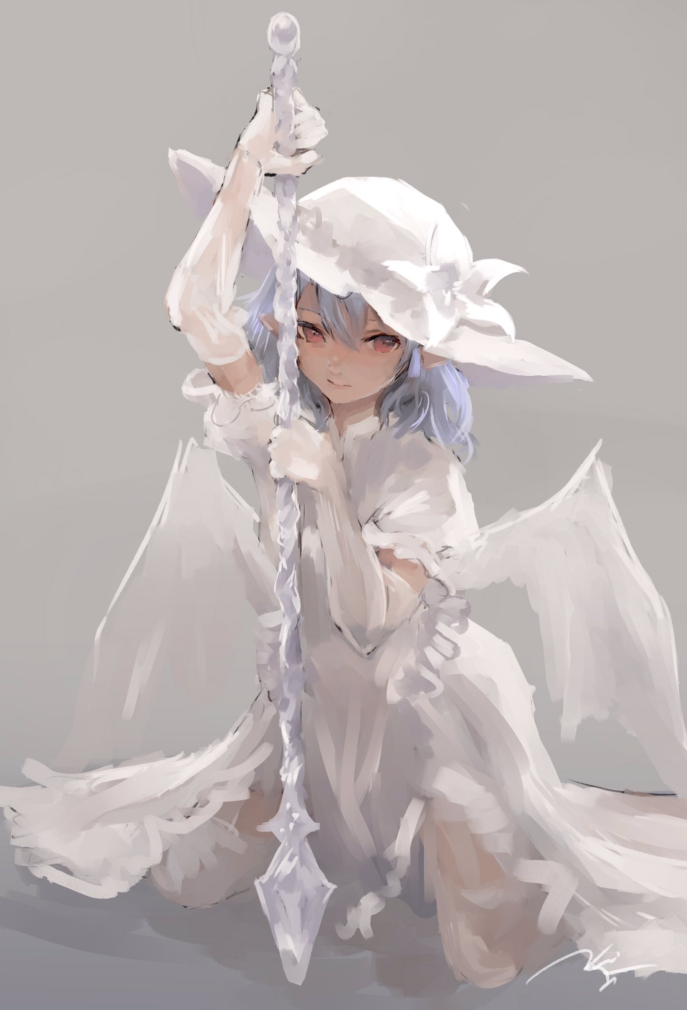 1girl closed_mouth dress elbow_gloves flower gloves grey_background hat hat_flower highres holding holding_polearm holding_weapon kneeling kouzuki_kei looking_at_viewer one-hour_drawing_challenge painterly pointy_ears polearm puffy_short_sleeves puffy_sleeves purple_hair red_eyes remilia_scarlet short_sleeves signature sketch solo touhou weapon white_dress white_flower white_gloves white_headwear white_wings wings