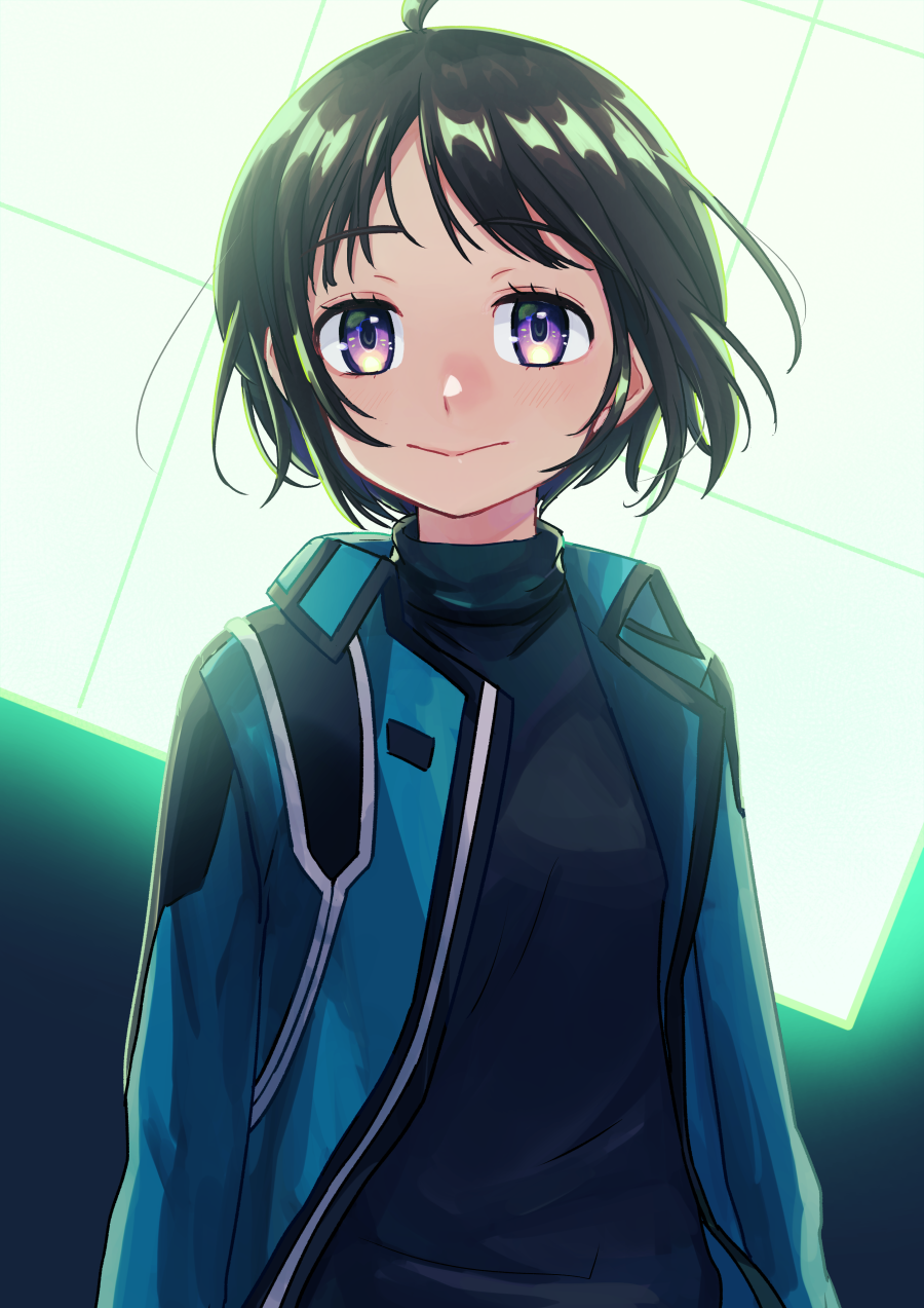 1girl ahoge amatori_chika arms_at_sides black_background black_footwear black_hair blue_jacket bob_cut breasts closed_mouth cube floating_hair glowing highres jacket long_sleeves looking_at_viewer mikumo_squad's_uniform open_clothes open_jacket purple_eyes short_hair small_breasts smile sonoda_(mzm) turtleneck upper_body weapon world_trigger