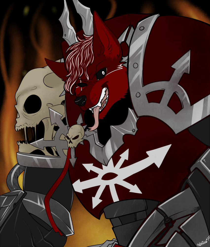 anthro armor black_sclera bone canid canine canis chaos_space_marine chaos_star eye_scar facial_scar fire fire_background forked_tongue horn machine male mammal metal_horn mutation narcotic_sprinkles pauldron power_armor scar shoulder_pads skull solo terminator_armor_(warhammer) tongue varro warhammer_(franchise) warhammer_40000 white_eyes wolf