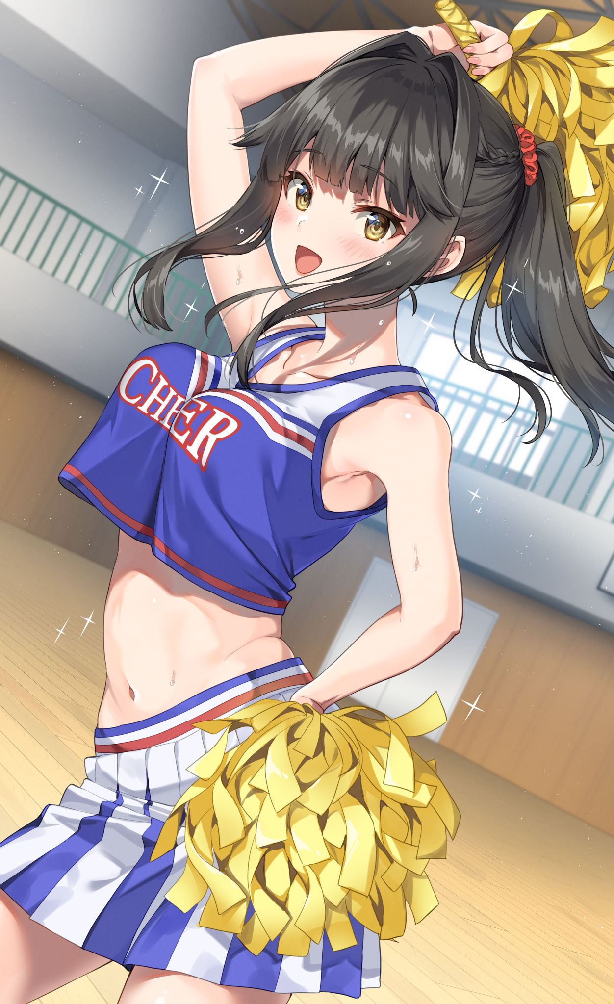 1girl arm_up armpits bare_shoulders black_hair blue_shirt blue_skirt blush cheerleader commentary_request crop_top crop_top_overhang cropped_shirt gym hair_intakes hair_ornament hair_scrunchie highres holding holding_pom_poms indoors looking_at_viewer midriff miniskirt navel open_mouth original pom_pom_(cheerleading) ponytail scrunchie shirt skirt smile solo stomach unasaka_ryou white_skirt yellow_eyes