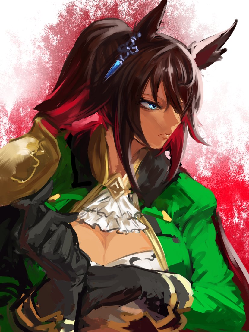 1girl adjusting_clothes adjusting_gloves animal_ears armor ascot black_gloves black_hair blue_eyes breasts cleavage closed_mouth dark-skinned_female dark_skin frown gloves green_jacket hair_between_eyes horse_ears inishie_kumo jacket large_breasts long_hair long_sleeves looking_to_the_side ponytail shirt shoulder_armor solo symboli_kris_s_(umamusume) two-tone_background umamusume upper_body v-shaped_eyebrows white_shirt