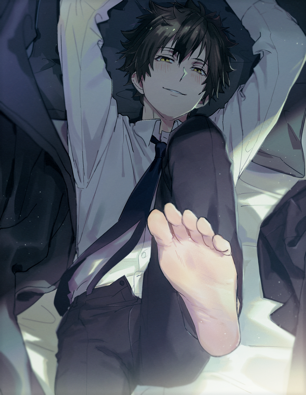 1boy arms_up barefoot blush brown_hair collared_shirt commentary_request feet foot_focus hair_between_eyes half-closed_eyes highres kome_kako light_particles looking_at_viewer lying male_focus on_back on_bed parted_lips partially_undressed pillow pov psycho-pass sexually_suggestive shindou_arata shirt short_hair smile smug soles solo toes white_shirt yellow_eyes