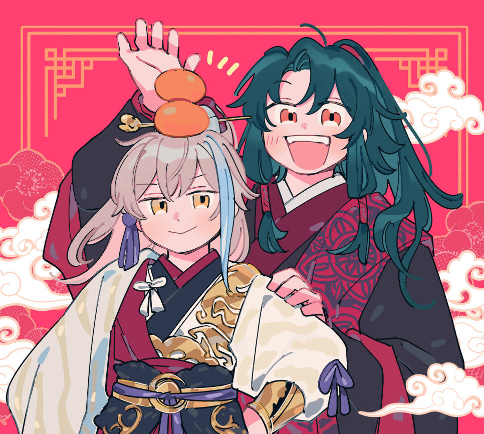 2boys archer_(fate/samurai_remnant) arm_guards black_hanfu blue_hair chinese_clothes chinese_hairpin chinese_knot fate/samurai_remnant fate_(series) food fruit green_hair grey_hair hair_ornament hand_on_another's_shoulder hanfu high_ponytail layered_clothes long_hair low-tied_sidelocks multicolored_hair multiple_boys oneroom-disco open_mouth orange_(fruit) orange_eyes parted_bangs red_background red_hanfu red_robe robe sash smile streaked_hair tassel tassel_hair_ornament xiao_guan_(headdress) yellow_eyes zheng_chenggong_(fate)