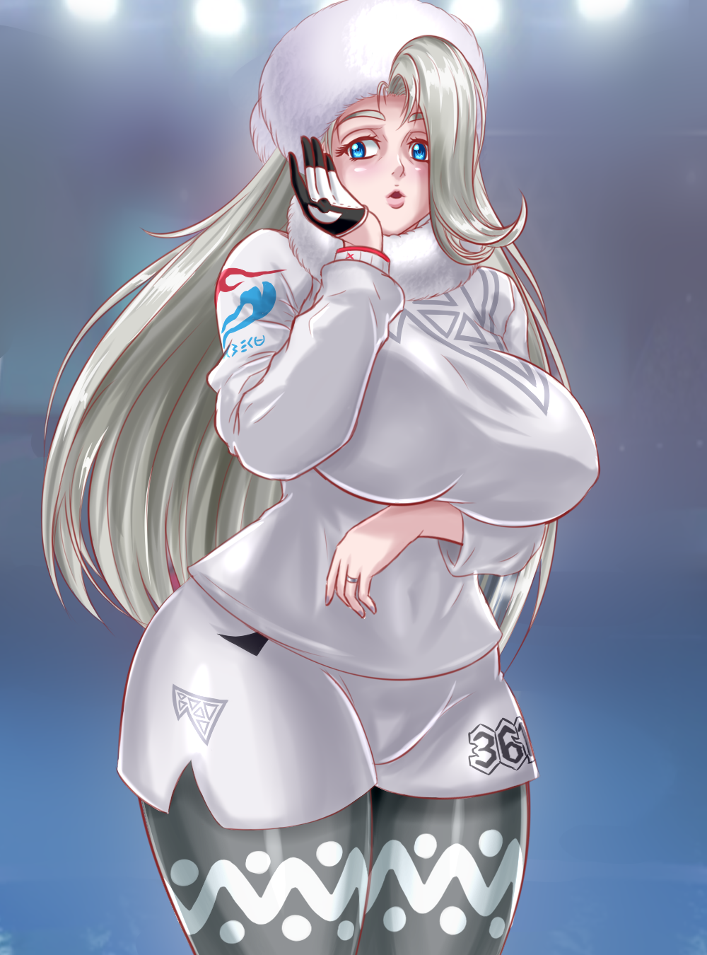 1girl arm_under_breasts blonde_hair blue_eyes breasts curvy dynamax_band earrings fur_collar fur_hat gloves hat head_rest highres jewelry large_breasts long_hair long_sleeves mature_female melony_(pokemon) multicolored_hair pantyhose_under_shorts pearl_earrings pokemon pokemon_swsh ring shorts side_slit side_slit_shorts single_glove solo streaked_hair sweater ushanka wedding_ring white_headwear white_sweater zantyarz