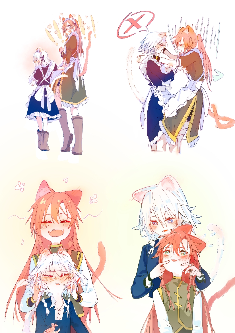 2girls animal_ears apron arrow_(symbol) black_dress blue_eyes blush boots brown_footwear cat_ears cat_tail cheek_poking cheek_squash closed_eyes commentary_request crying dress ear_blush fangs flying_sweatdrops green_eyes green_shirt hand_on_another's_face height_difference hong_meiling izayoi_sakuya kemonomimi_mode long_hair maid maid_apron medium_hair multiple_girls open_mouth poking ponytail red_hair shirt size_difference smile spoken_x tail tears touhou white_apron white_hair ydpfa yuri