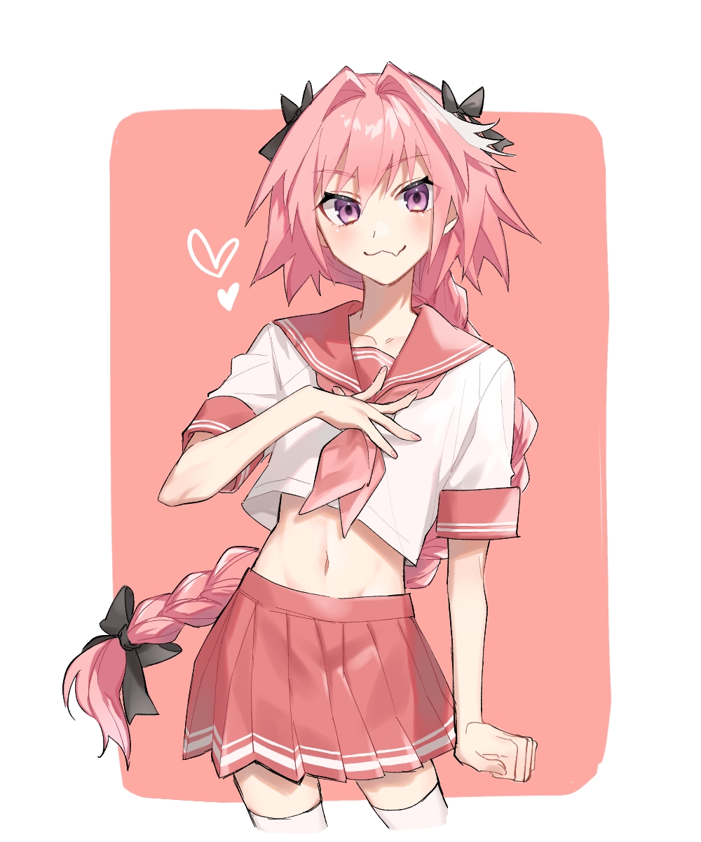 1boy astolfo_(fate) astolfo_(sailor_paladin)_(fate) black_bow blush bow braid clenched_hand cropped_shirt fang fate/extella fate/extella_link fate/extra fate/grand_order fate_(series) hair_bow hair_intakes hand_on_own_chest heart highres light_blush long_hair looking_at_viewer male_focus midriff multicolored_hair otoko_no_ko pink_hair pink_sailor_collar pink_serafuku pink_skirt pleated_skirt purple_eyes red_sailor_collar sailor_collar sailor_shirt school_uniform serafuku shirt short_sleeves simple_background single_braid skin_fang skirt smile solo streaked_hair thighhighs two-tone_background user_stsj7287 very_long_hair white_hair white_shirt white_thighhighs