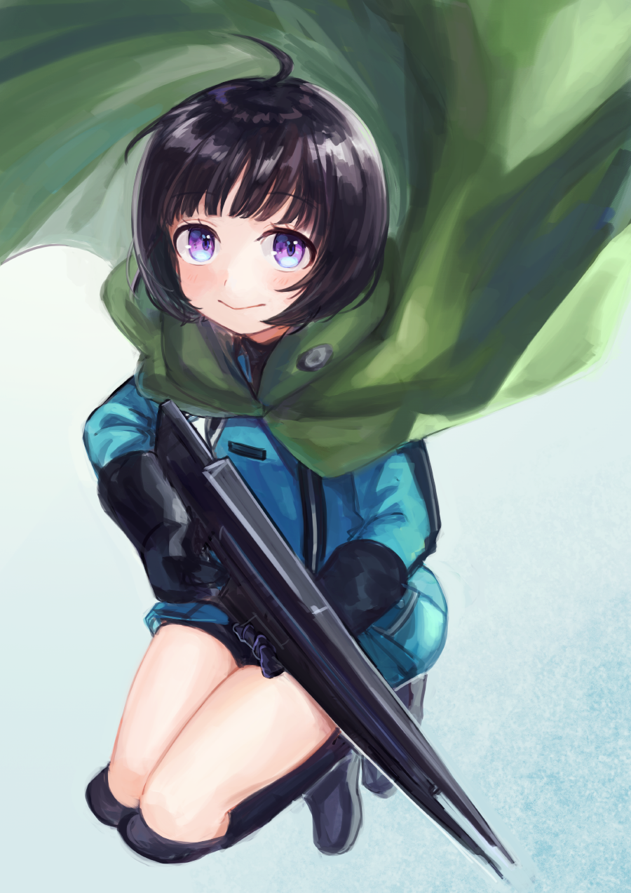 1girl ahoge amatori_chika black_footwear black_gloves black_hair black_shorts blue_jacket bob_cut boots cloak cloak_lift closed_mouth floating_clothes full_body gloves green_cloak grey_background gun highres holding holding_gun holding_weapon hood hooded_cloak jacket jumping knee_boots long_sleeves looking_at_viewer mikumo_squad's_uniform purple_eyes short_hair short_shorts shorts smile solo sonoda_(mzm) uniform weapon world_trigger