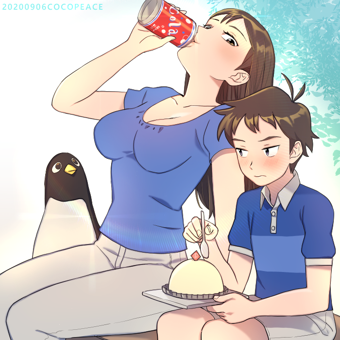 1boy 1girl aoyama-kun_(penguin_highway) artist_name bird blue_shirt blush breasts brown_hair can cleavage cocopeace cola commentary dated day drink drinking food grey_pants grey_shorts holding holding_can holding_spoon long_hair medium_breasts onee-san_(penguin_highway) outdoors pants penguin penguin_highway pudding shirt short_hair short_sleeves shorts sitting spoon