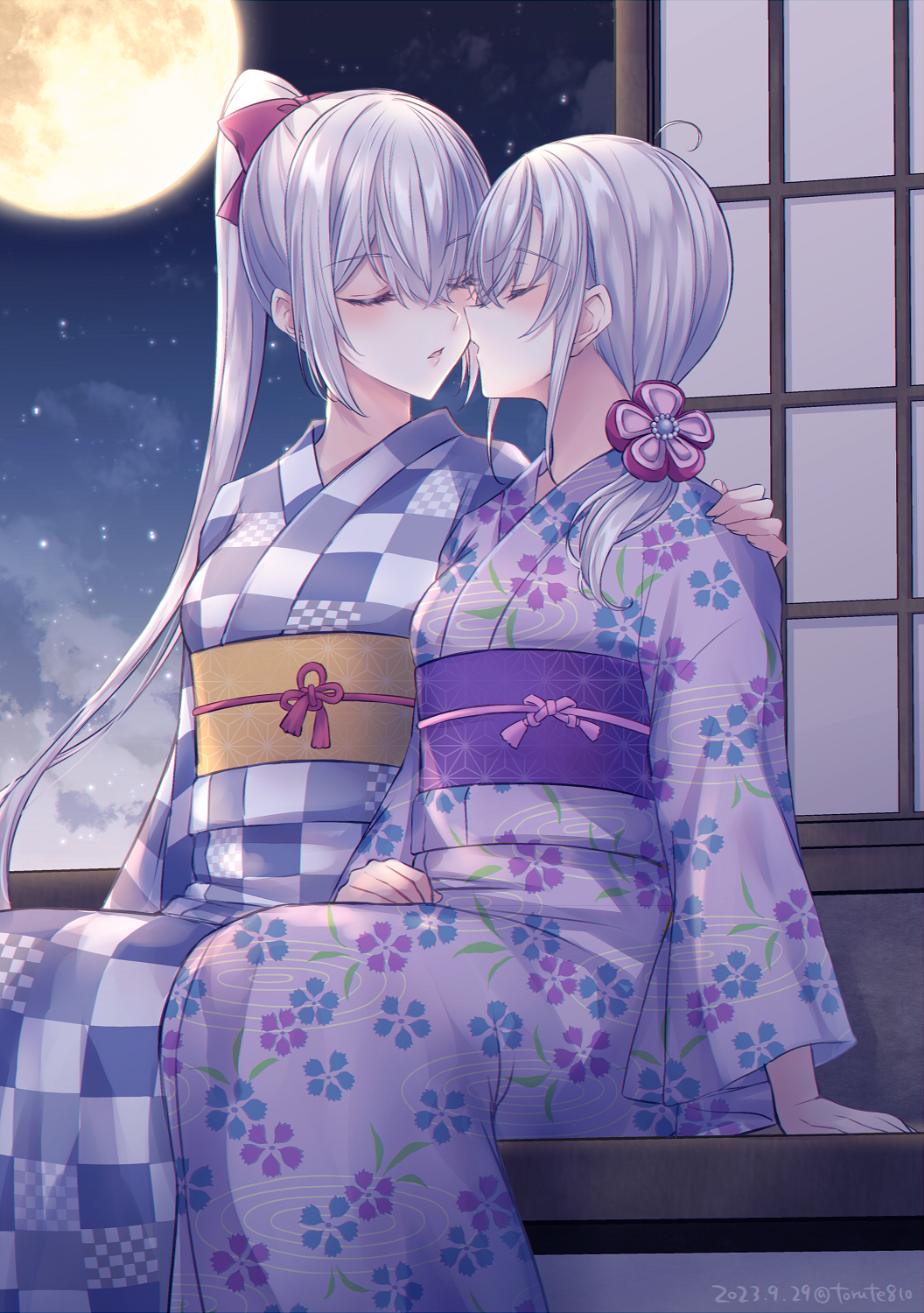 2girls alternate_costume blush bow closed_eyes dated floral_print full_moon fuyutsuki_(kancolle) grey_hair hair_between_eyes hair_bow hair_ornament hand_on_another's_shoulder highres imminent_kiss japanese_clothes kabocha_torute kantai_collection kimono long_hair long_sleeves moon multiple_girls night night_sky obi outdoors parted_lips ponytail sash sidelocks sitting sky suzutsuki_(kancolle) twitter_username very_long_hair wide_sleeves yuri
