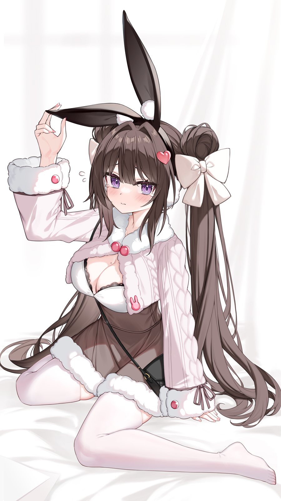 1girl animal_ear_fluff animal_ears arm_up bangs bed_sheet black_hairband blush bow breasts brown_hair brown_skirt cleavage closed_mouth commentary_request cropped_jacket double_bun flying_sweatdrops full_body fur-trimmed_jacket fur-trimmed_skirt fur-trimmed_sleeves fur_trim hair_bow hair_bun hair_intakes hair_ornament hairband hand_on_ear heart heart_hair_ornament high-waist_skirt highres jacket long_hair long_sleeves medium_breasts original purple_eyes rabbit_ears sitting skirt sleeves_past_wrists solo tears thighhighs twintails very_long_hair wariza white_bow white_jacket white_thighhighs yuxian_youka