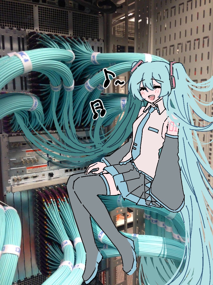 1girl arm_tattoo beamed_eighth_notes black_footwear black_skirt black_thighhighs blue_hair blue_necktie blush boots breast_pocket cable closed_eyes color_connection detached_sleeves eighth_note grey_sleeves hand_on_own_thigh hatsune_miku headphones long_hair musical_note necktie open_mouth photo_background pleated_skirt pocket server shirt skirt sleeveless sleeveless_shirt smile solo tattoo thigh_boots thighhighs twintails very_long_hair vocaloid white_shirt yunayuispink