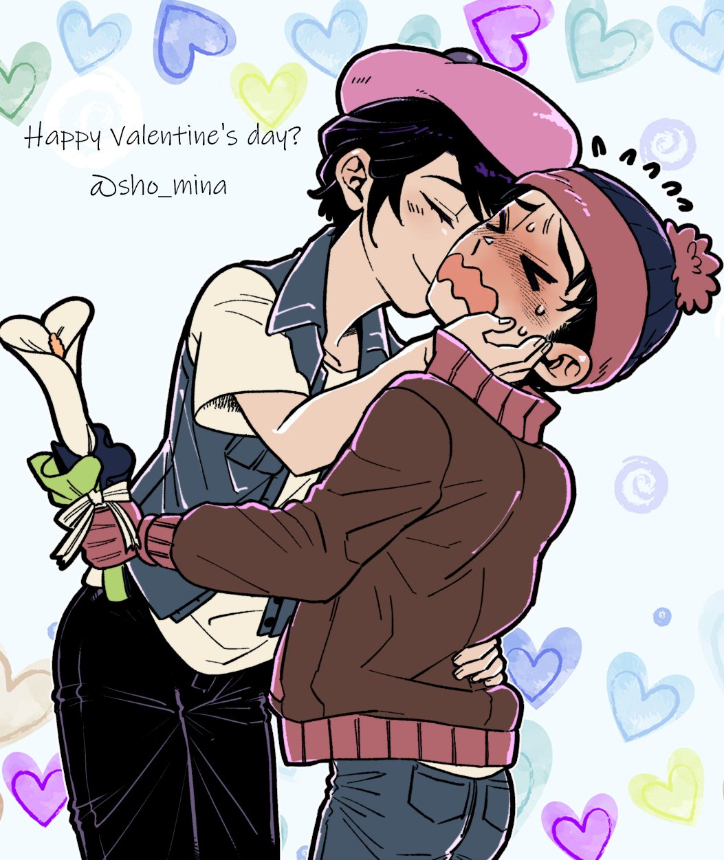 &gt;_&lt; beanie beret black_hair black_pants blue_headwear blue_pants blue_vest brown_jacket closed_eyes couple flower gloves happy_valentine hat hetero highres holding holding_flower hug jacket kiss kissing_cheek long_sleeves mina_shon open_mouth pants pink_headwear purple_hair red_gloves shirt short_hair short_sleeves south_park stan_marsh sweat twitter_username vest wendy_testaburger white_background white_shirt