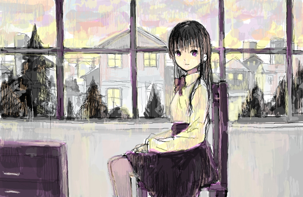 1girl bad_drawr_id bad_id black_hair black_shirt bow bowtie brown_bow brown_bowtie chair character_request chest_of_drawers copyright_request day hands_on_own_legs house indoors long_hair long_sleeves looking_at_viewer looking_to_the_side multicolored_sky oekaki pantyhose pine_tree purple_eyes shirt sidelocks sitting sky solo suya000 tree window yellow_shirt