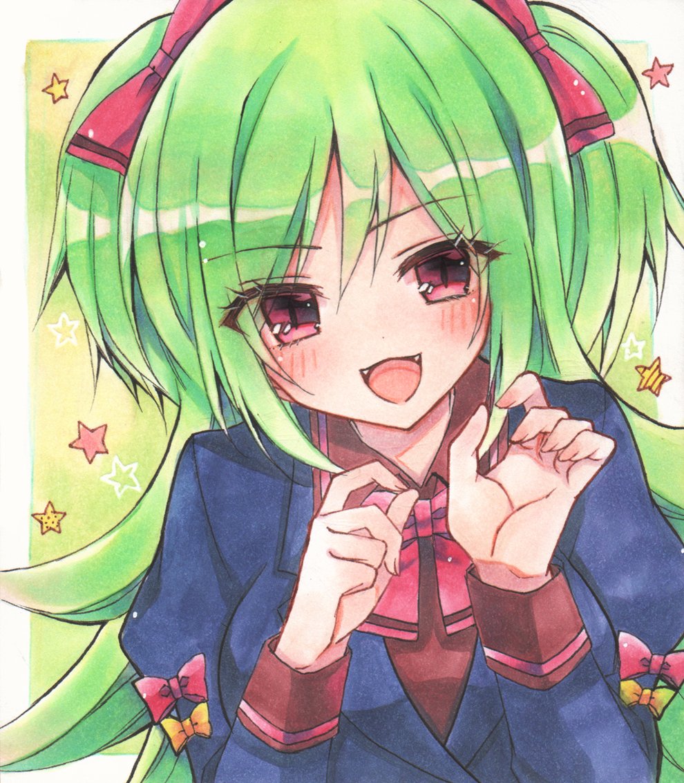 1girl :3 black_suit bluestar_iz blush border bow bowtie breasts collared_shirt fangs green_background green_hair hair_between_eyes hair_bow inset_border large_breasts lime_(witch's_heart) long_hair long_sleeves looking_at_viewer official_art open_mouth pink_nails puffy_long_sleeves puffy_sleeves red_bow red_bowtie red_eyes red_shirt shirt sidelocks solo star_(symbol) suit traditional_media twintails very_long_hair white_border witch's_heart yellow_bow