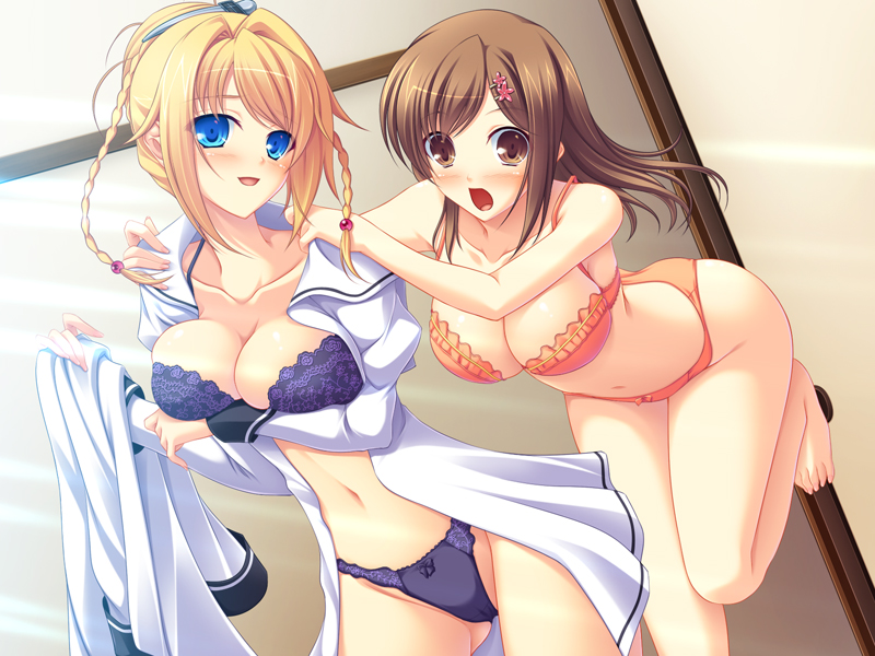 2girls blonde_hair blue_bra blue_panties blush bra breasts brown_hair cleavage game_cg lingerie multiple_girls orange_bra orange_panties panties underwear