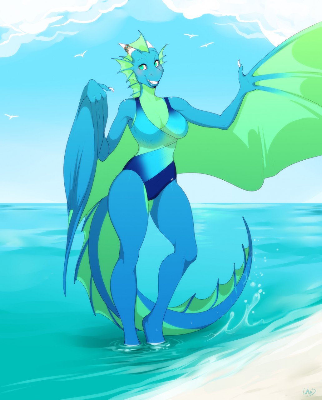 2019 anthro beach breasts clothed clothing cloud day detailed_background dragon female horn membranous_wings one-piece_swimsuit outside sand sea seaside sky smile solo spines standing swimsuit teeth uni water wings wyvern