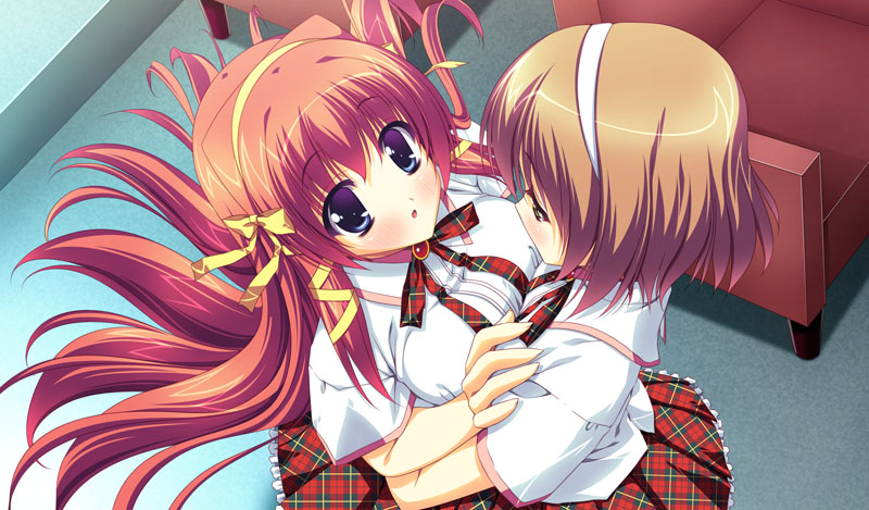 2girls game_cg hug multiple_girls school_uniform seifuku skirt