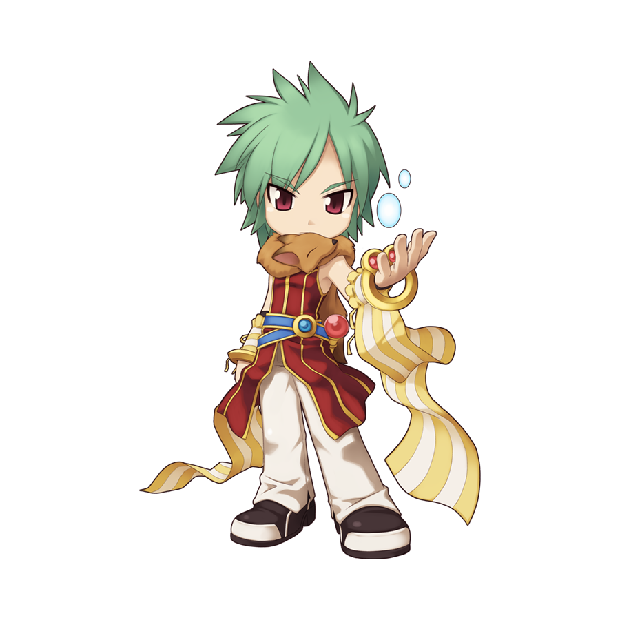 1boy animal_around_neck bangle belt black_footwear blue_belt bracelet chibi closed_mouth detached_sleeves energy_ball fingerless_gloves fox full_body gloves green_hair hair_between_eyes hand_up jewelry looking_at_viewer magic male_focus medium_bangs official_art pants professor_(ragnarok_online) ragnarok_online red_eyes red_shirt shirt shoes short_hair simple_background sleeveless sleeveless_shirt smile solo standing striped_sleeves tachi-e transparent_background white_pants white_sleeves yellow_sleeves yuichirou