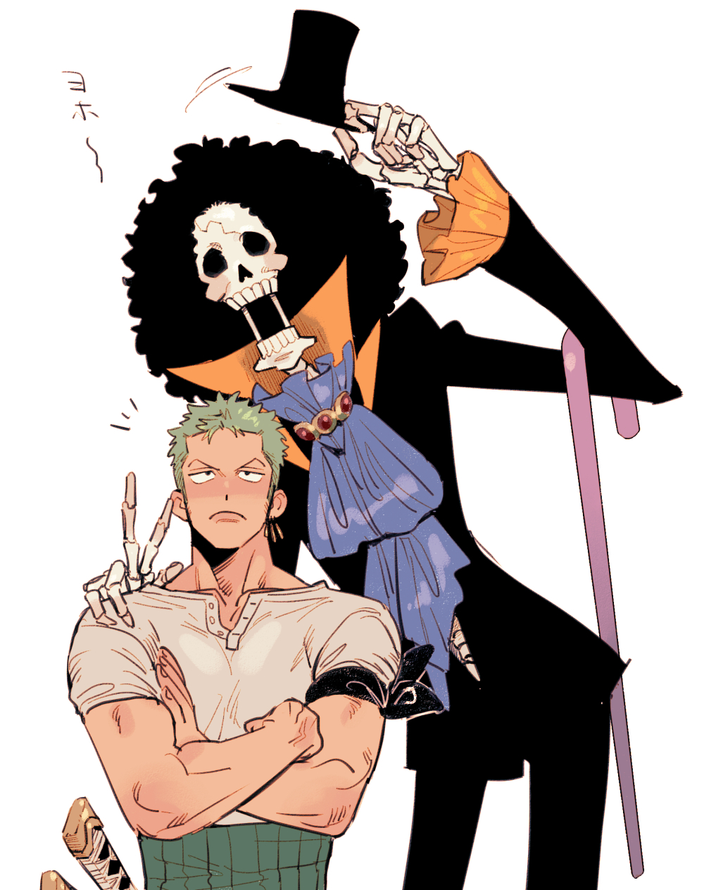 2boys afro arm_around_back arm_up ascot big_hair black_hair brook_(one_piece) cane chanko_neru closed_mouth crossed_arms earrings facing_viewer frilled_sleeves frills green_hair hand_on_another's_shoulder hat hat_removed headwear_removed height_difference highres holding holding_clothes holding_hat jewelry leaning_to_the_side long_sleeves looking_at_another looking_up male_focus multiple_boys one_piece open_mouth pants roronoa_zoro shirt short_hair short_sleeves side-by-side sideburns simple_background skeleton skull tall_male top_hat undead white_background