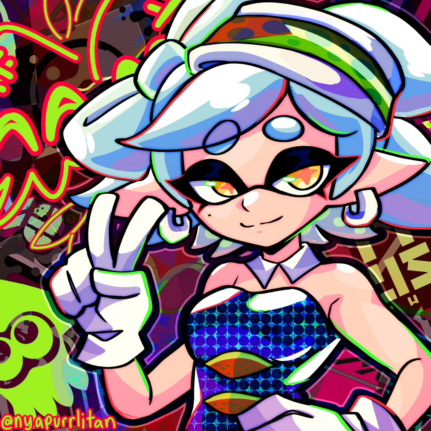 1girl artist_name bare_arms bare_shoulders black_dress bow-shaped_hair breasts detached_collar dress earrings food food_on_head gloves grey_hair half_updo hand_on_own_hip highres hoop_earrings inkling jewelry marie_(splatoon) mole mole_under_eye nyapurrlitan object_on_head pointy_ears short_dress solo splatoon_(series) strapless strapless_dress sushi swept_bangs tentacle_hair thick_eyebrows twitter_username upper_body v white_gloves yellow_eyes