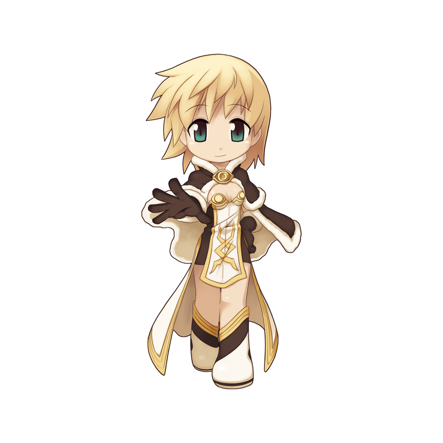 1girl blonde_hair boots breasts brown_cape brown_dress brown_footwear brown_gloves cape chibi closed_mouth dress full_body fur-trimmed_cape fur-trimmed_gloves fur_trim gloves green_eyes hand_on_own_hip high_wizard_(ragnarok_online) layered_dress looking_at_viewer medium_bangs official_art ragnarok_online reaching reaching_towards_viewer short_dress short_hair simple_background small_breasts smile solo standing strapless strapless_dress tachi-e transparent_background two-tone_dress two-tone_footwear walking white_dress white_footwear yuichirou