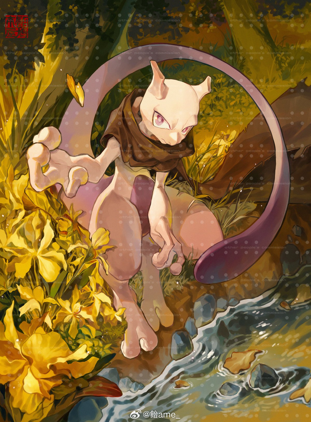 amehatobook brown_cloak cloak commission fewer_digits flower grass highres horns looking_at_viewer mewtwo nature outdoors pokemon pokemon_(creature) purple_eyes purple_tail river sitting tree water watermark