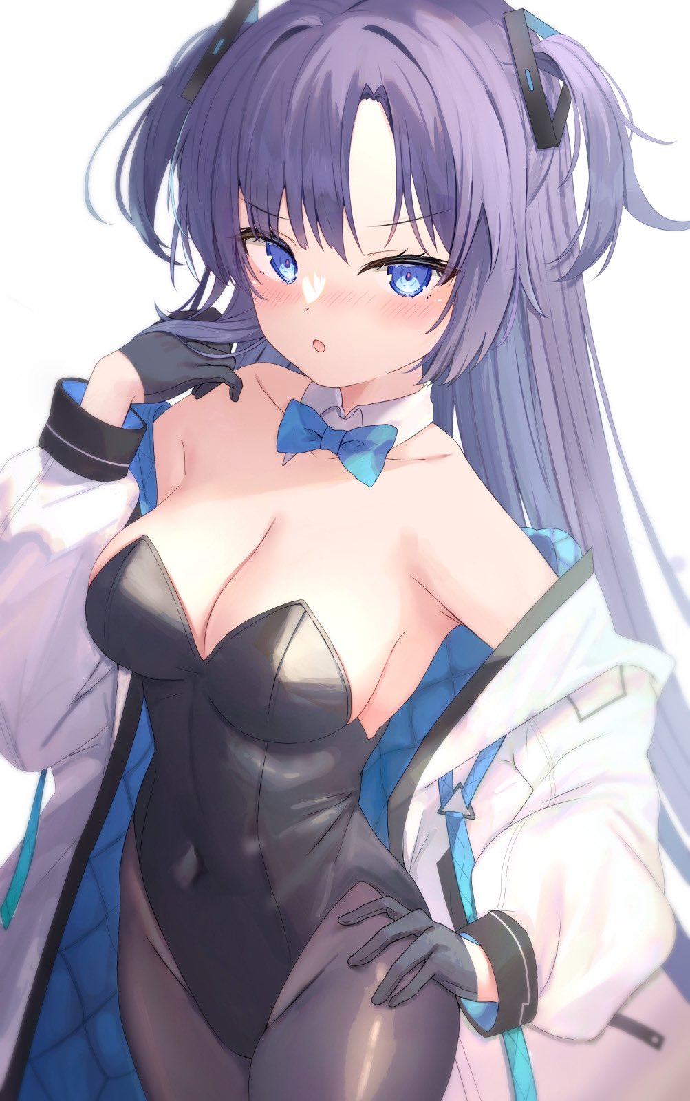 1girl :o armpits bare_shoulders black_gloves black_leotard black_pantyhose blue_archive blue_eyes blush bow bowtie breasts cleavage covered_navel cowboy_shot detached_collar gloves hair_ornament hand_on_own_hip hand_up highleg highleg_leotard highres jacket large_breasts leotard long_hair long_sleeves looking_at_viewer nontraditional_playboy_bunny nose_blush off_shoulder official_alternate_costume open_clothes open_jacket open_mouth pantyhose purple_hair saeki_sora solo standing strapless strapless_leotard two_side_up v-shaped_eyebrows white_jacket yuuka_(blue_archive)