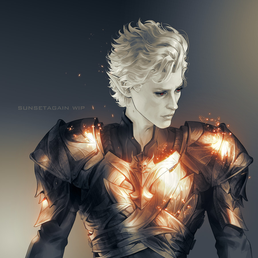 1boy armor artist_name astarion baldur's_gate baldur's_gate_3 breastplate dungeons_&amp;_dragons gradient_background grey_hair long_sleeves looking_to_the_side male_focus pale_skin pointy_ears short_hair shoulder_plates solo sunsetagain unfinished upper_body watermark